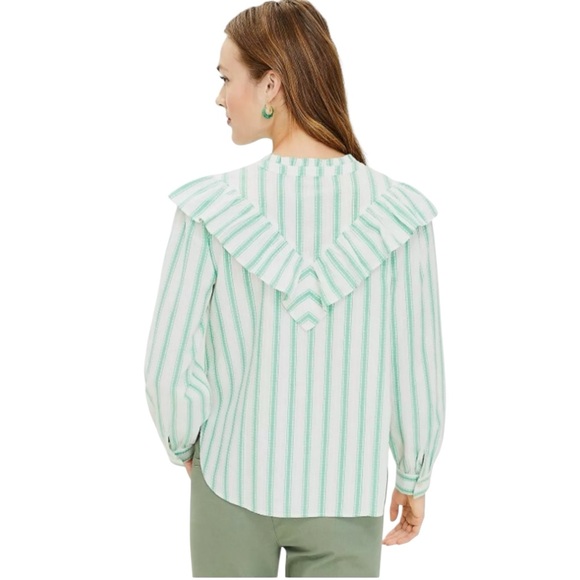 LOFT Green & White Striped Ruffle Blouse Size Xl - Picture 5 of 10